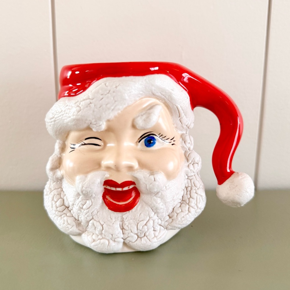 1950s MCM Vintage Ceramic Winking Santa Mug